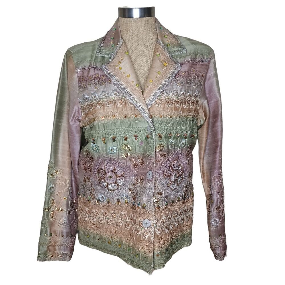 Sandy Starkman Embellished Beaded Jacket Blazer Size L Button Front Wearable Art